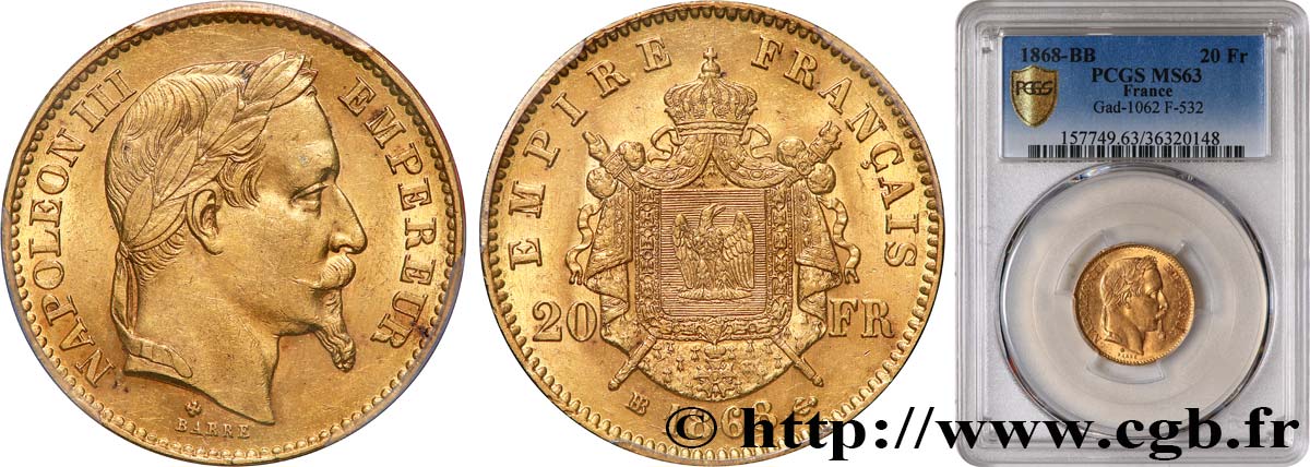 20 francs or Napoléon III, tête laurée 1868 Strasbourg F.532/19 fST63 PCGS