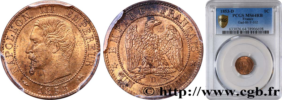 Un centime Napoléon III, tête nue 1853 Lyon F.102/4 MS64 PCGS