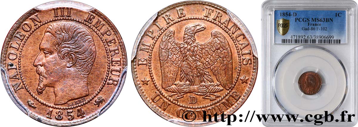 Un centime Napoléon III, tête nue 1854 Lyon F.102/12 MS63 PCGS