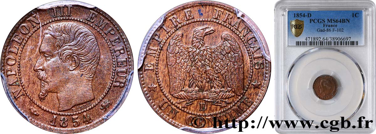 Un centime Napoléon III, tête nue 1854 Lyon F.102/12 MS64 PCGS