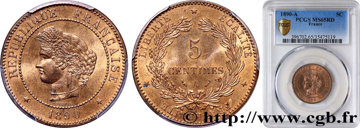 5 centimes Cérès 1890 Paris F.118/32 ST65 PCGS