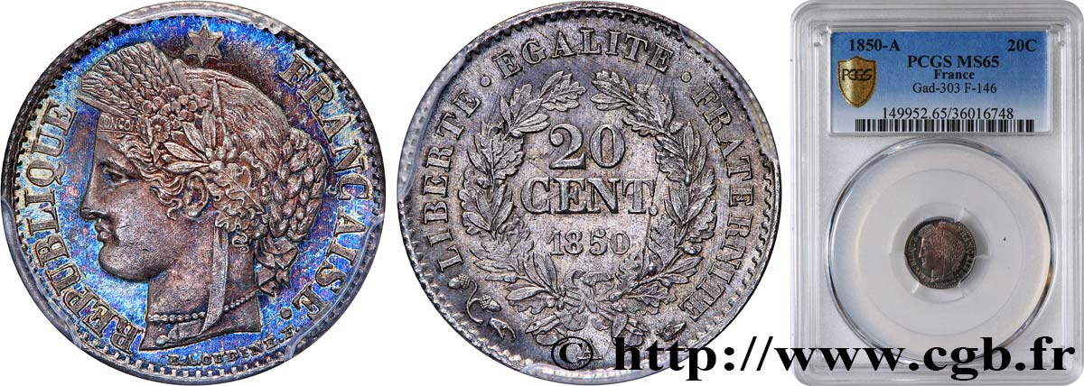 20 centimes Cérès, IIe République 1850 Paris F.146/2 FDC65 PCGS