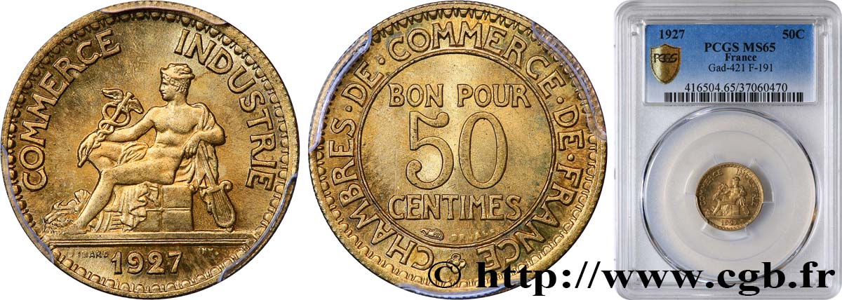 50 centimes Chambres de Commerce 1927 Paris F.191/9 MS65 PCGS