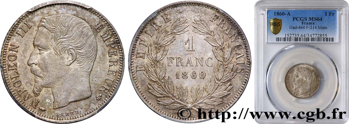 1 franc Napoléon III, tête nue 1860 Paris F.214/14 SPL64 PCGS