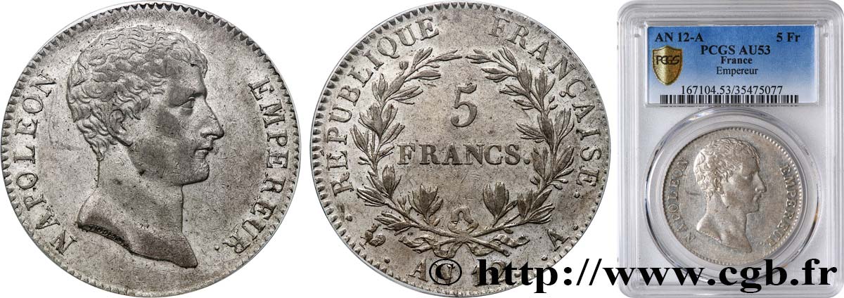 5 francs Napoléon Empereur, type intermédiaire 1804 Paris F.302/1 SS53 PCGS