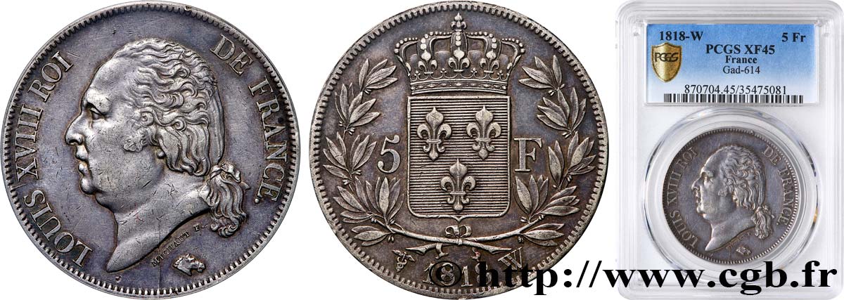 5 francs Louis XVIII, tête nue 1818 Lille F.309/39 TTB45 PCGS