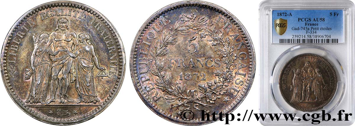 5 francs Hercule 1872 Paris F.334/7 EBC58 PCGS