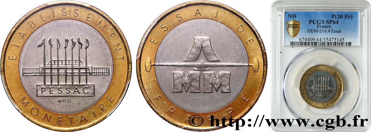 Essai de frappe de 20 francs, bimétallique n.d. Pessac GEM.214 4 SC64 PCGS