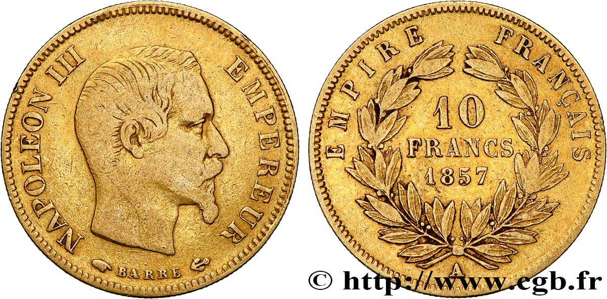 10 francs or Napoléon III, tête nue 1857 Paris F.506/4 TB25 