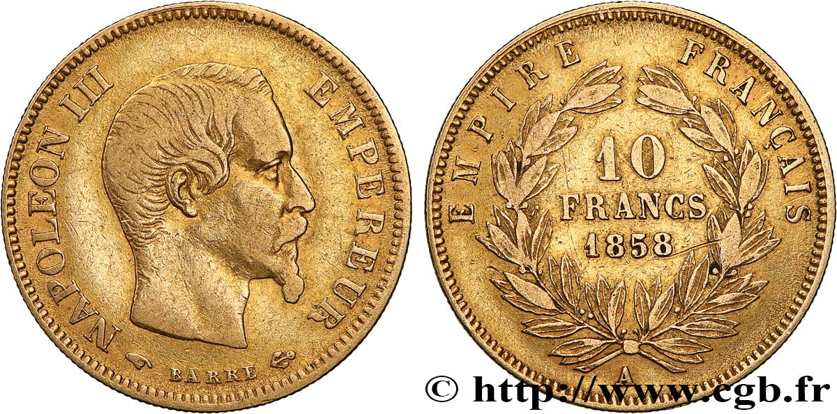 10 francs or Napoléon III, tête nue 1858 Paris F.506/5 VF 