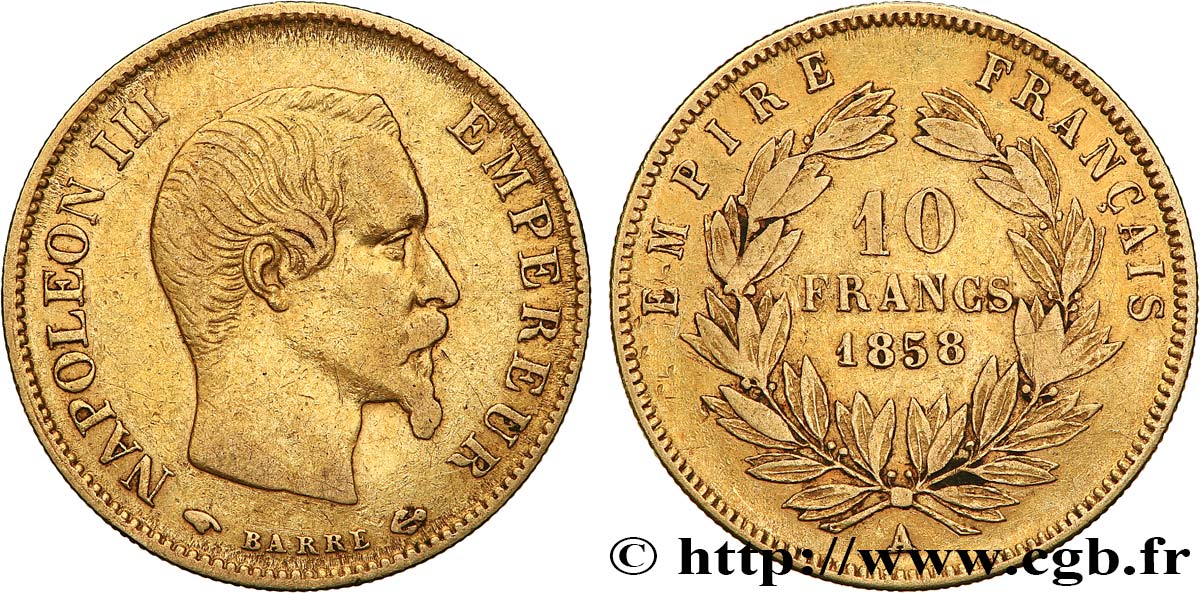 10 francs or Napoléon III, tête nue 1858 Paris F.506/5 TB35 