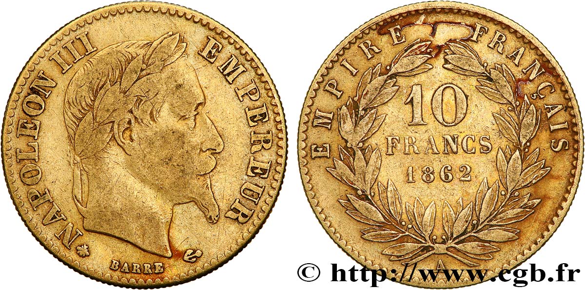 10 francs or Napoléon III, tête laurée, type définitif à grand 10 1862 Paris F.507A/1 VF25 