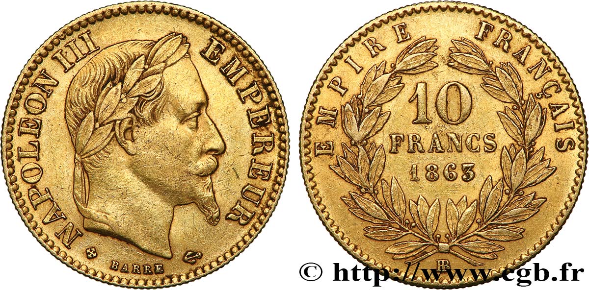 10 francs or Napoléon III, tête laurée, type définitif à grand 10 1863 Strasbourg F.507A/4 XF 