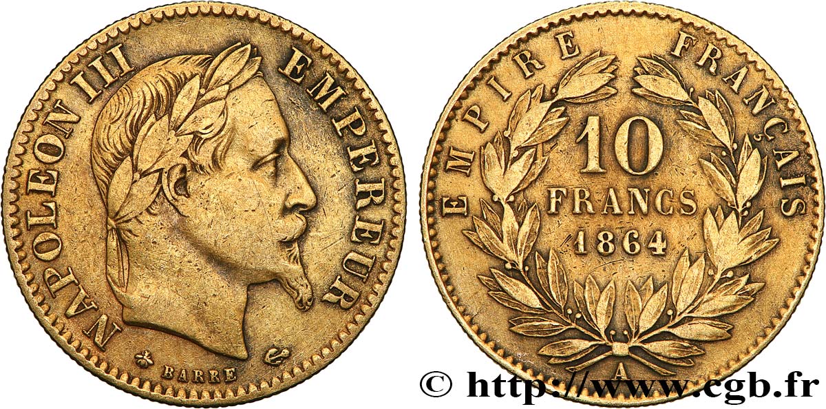 10 francs or Napoléon III, tête laurée, type définitif à grand 10 1864 Paris F.507A/6 TB 