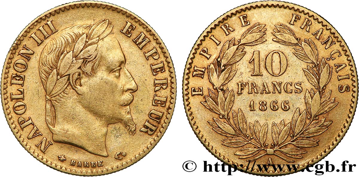 10 francs or Napoléon III, tête laurée 1866 Paris F.507A/12 BB 