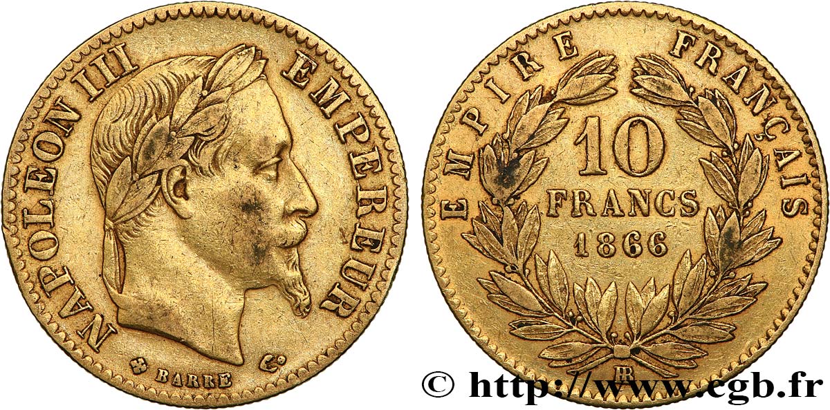 10 francs or Napoléon III, tête laurée 1866 Strasbourg F.507A/13 MB35 