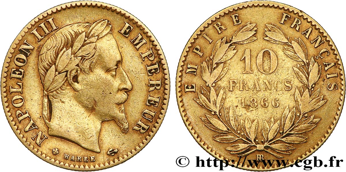 10 francs or Napoléon III, tête laurée 1866 Strasbourg F.507A/13 MB 