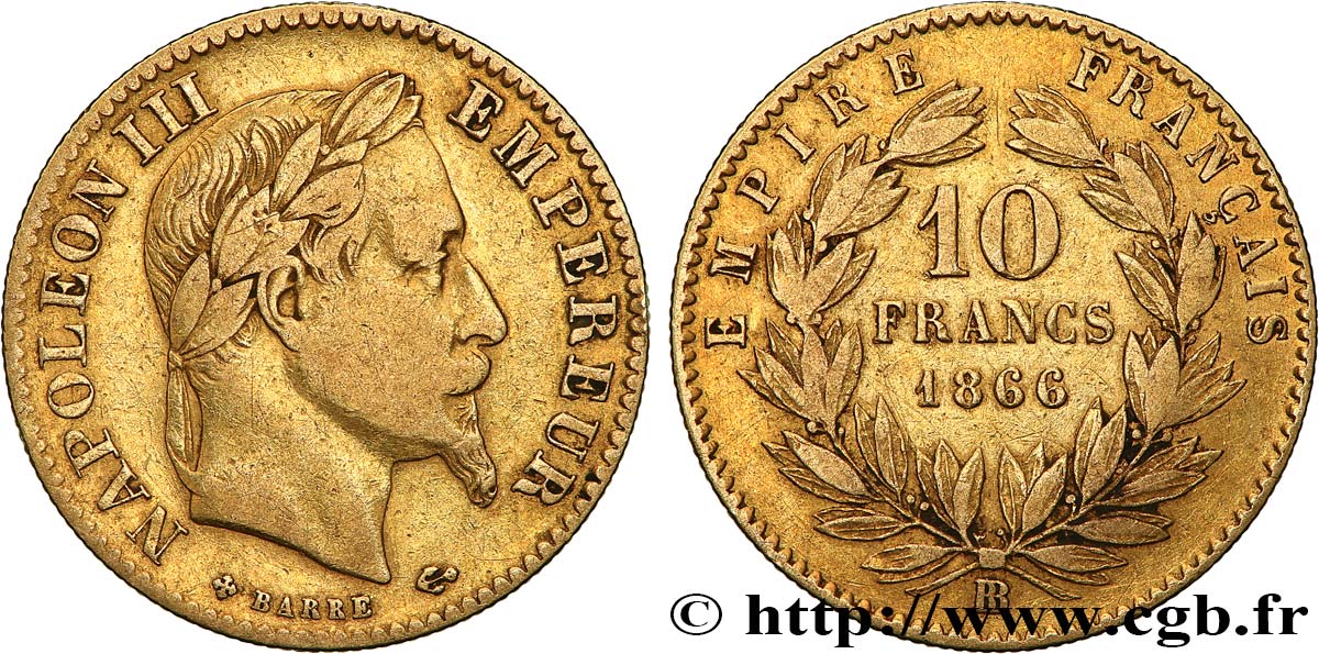 10 francs or Napoléon III, tête laurée 1866 Strasbourg F.507A/14 MB25 