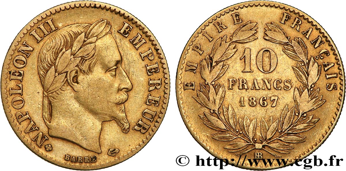 10 francs or Napoléon III, tête laurée 1867 Strasbourg F.507A/16 TB35 