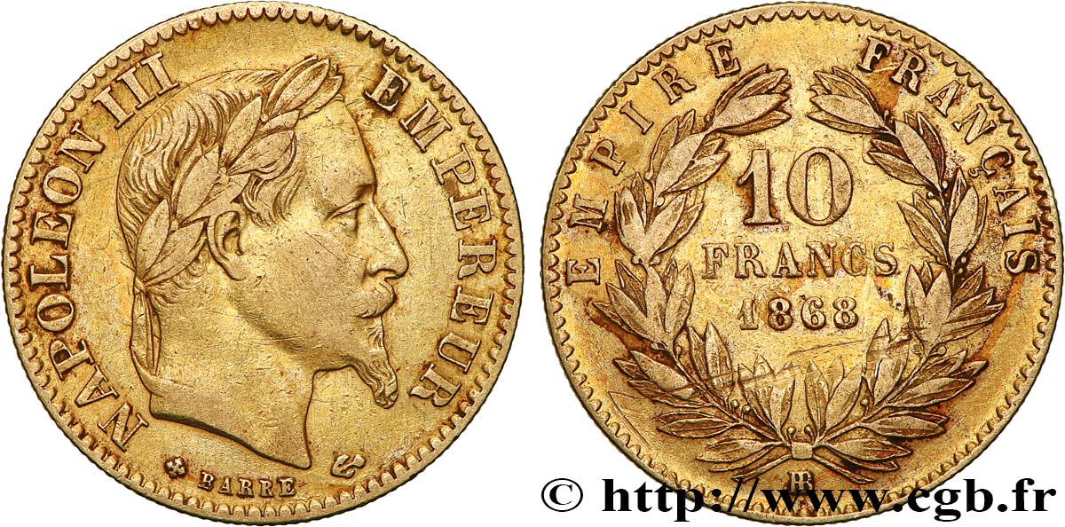 10 francs or Napoléon III, tête laurée 1868 Strasbourg F.507A/18 MB 