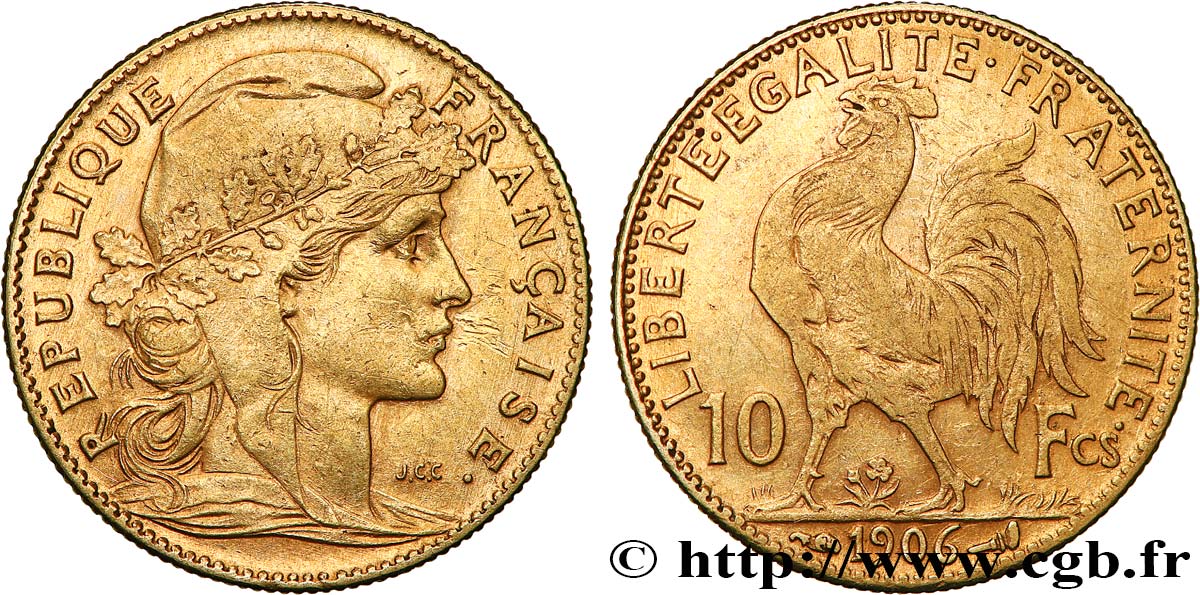 10 francs or Coq 1906 Paris F.509/7 MBC 