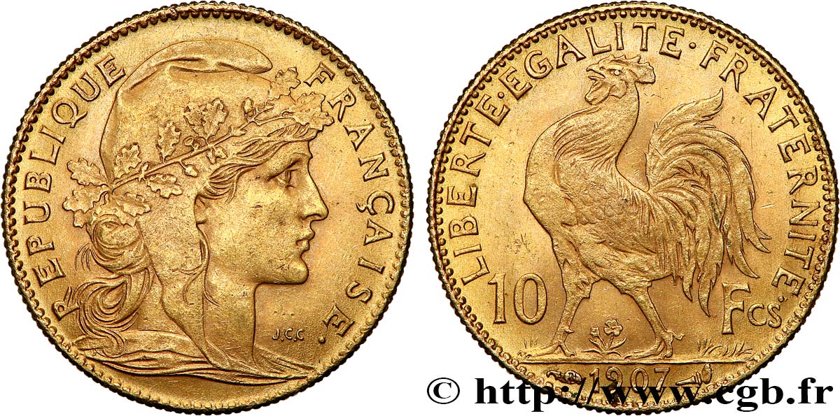 10 francs or Coq 1907 Paris F.509/8 MS60 