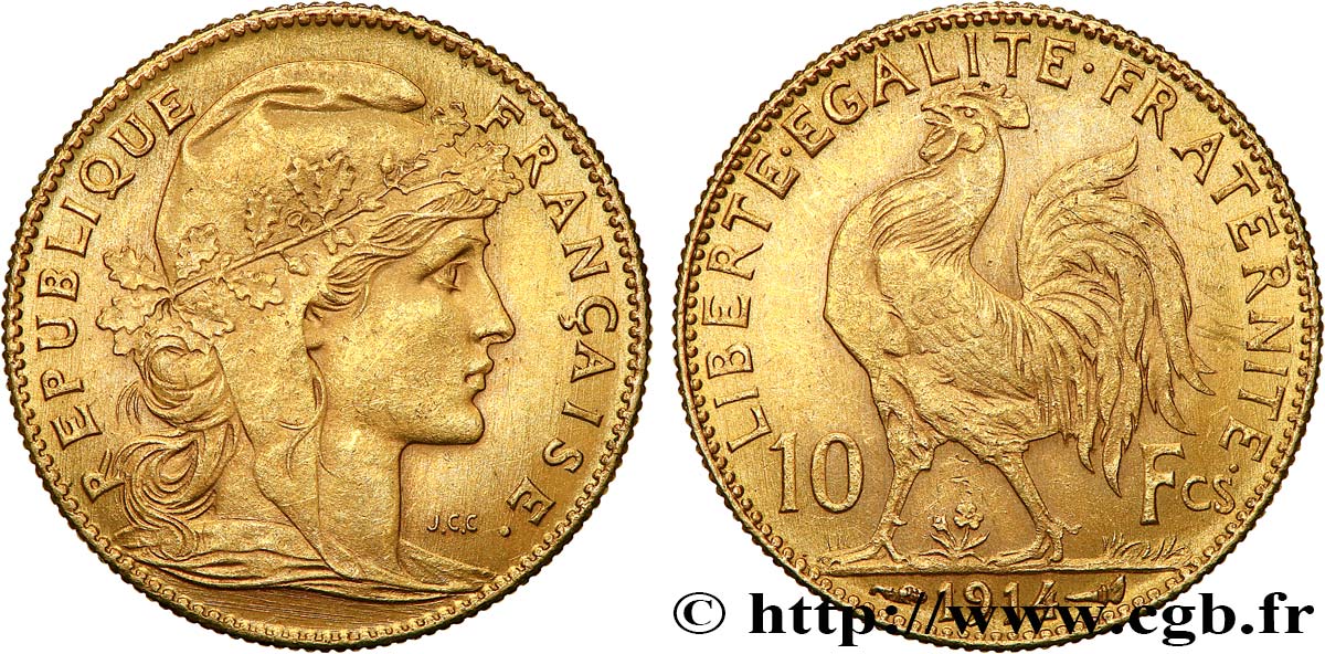 10 francs or Coq 1914 Paris F.509/14 SUP55 