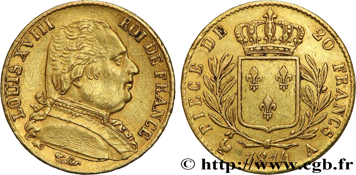 20 francs or Louis XVIII, buste habillé 1814 Paris F.517/2 MBC50 