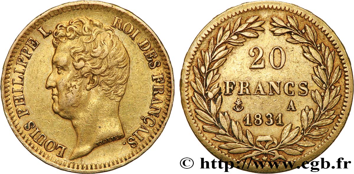20 francs or Louis-Philippe, Tiolier, tranche inscrite en relief 1831 Paris F.525/2 MBC 