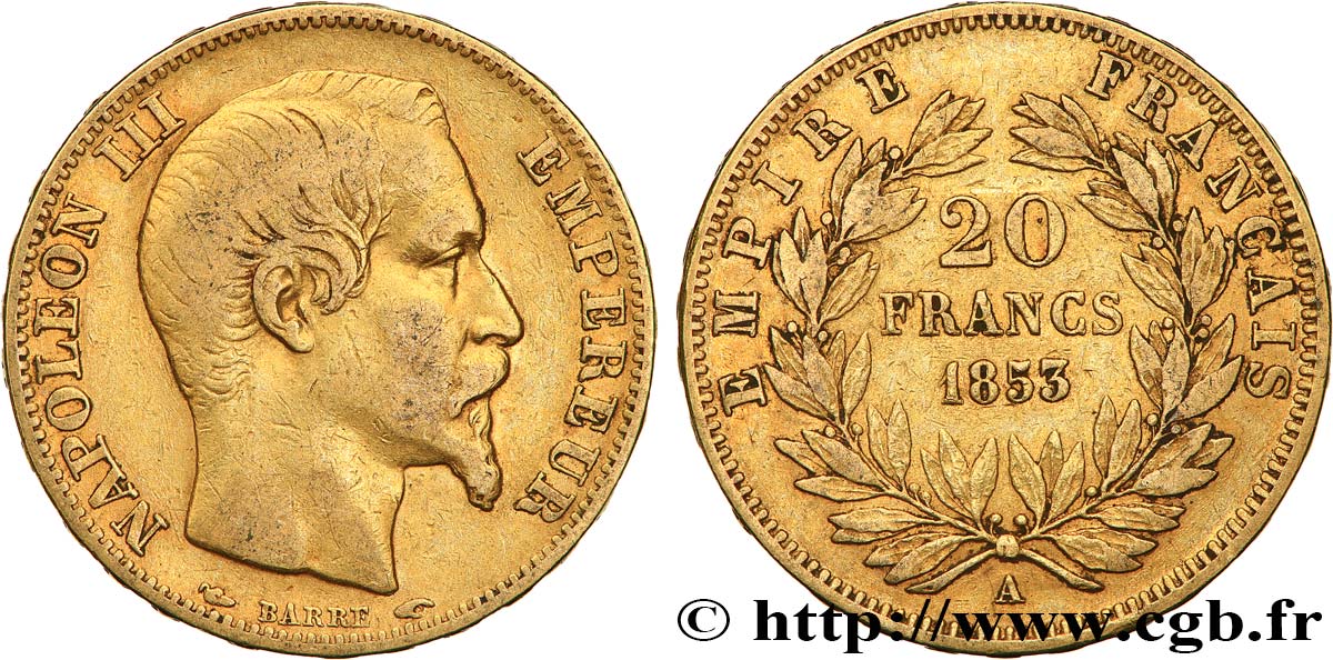 20 francs or Napoléon III, tête nue 1853 Paris F.531/1 VF35 