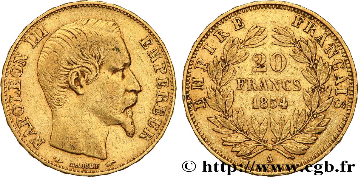 20 francs or Napoléon III, tête nue 1854 Paris F.531/2 fSS 