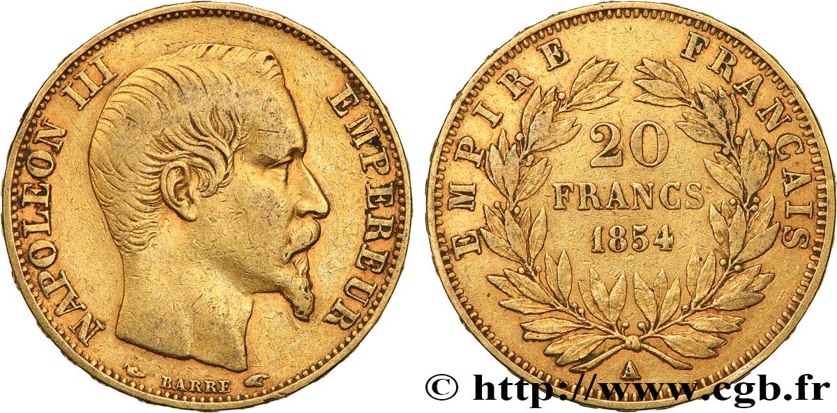 20 francs or Napoléon III, tête nue 1854 Paris F.531/2 VF35 