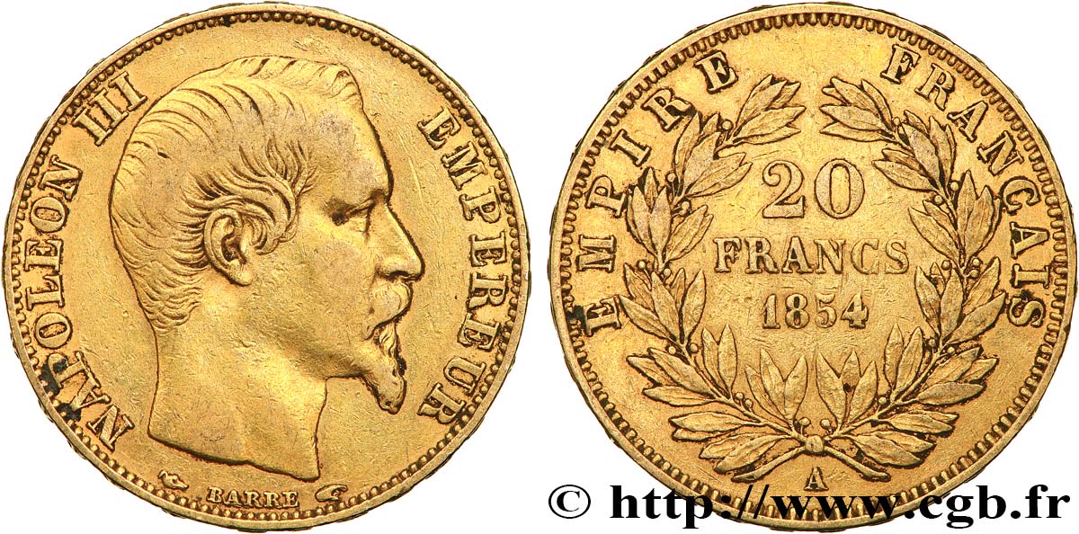 20 francs or Napoléon III, tête nue 1854 Paris F.531/2 TB+ 