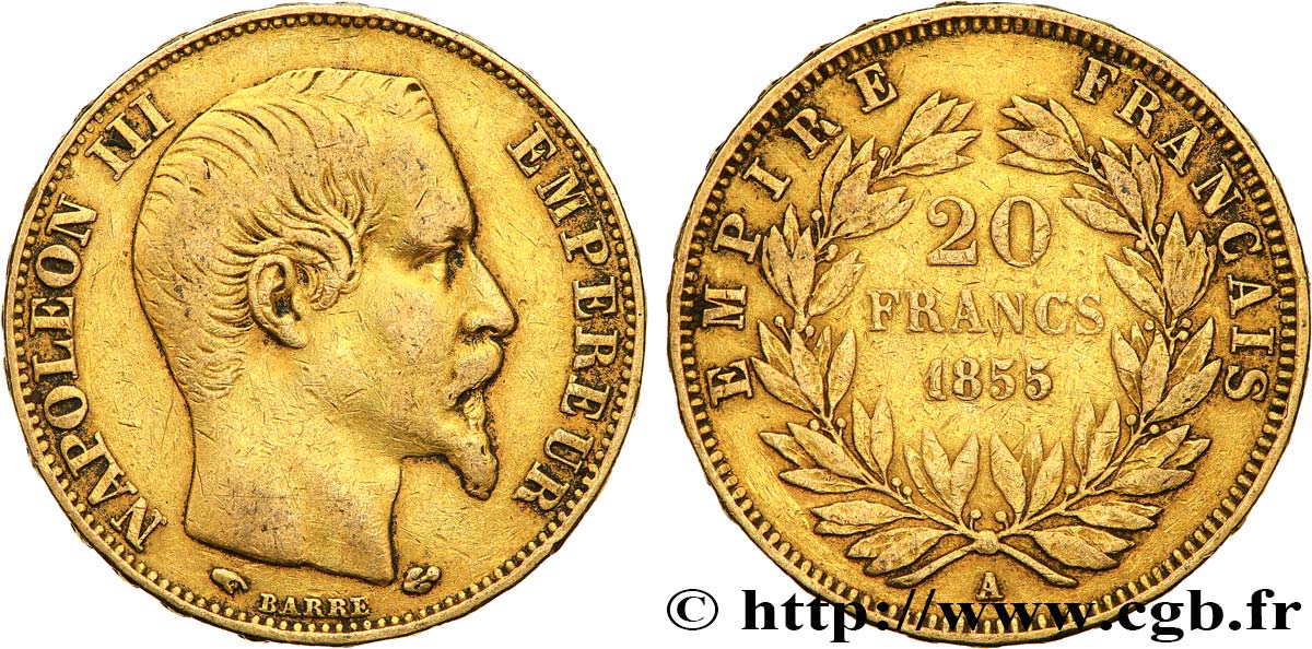 20 francs or Napoléon III, tête nue 1855 Paris F.531/4 TB 