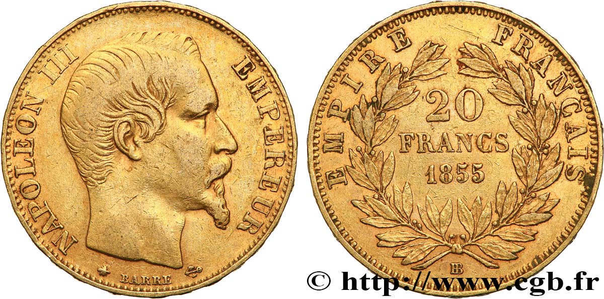 20 francs or Napoléon III, tête nue, différent ancre 1855 Strasbourg F.531/6 MBC40 