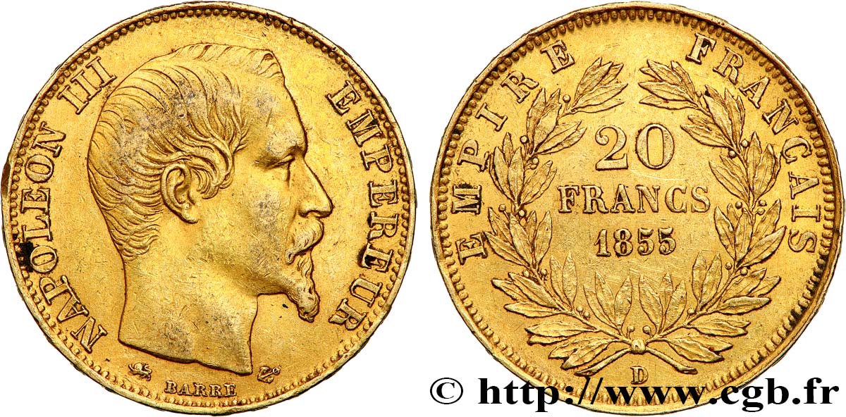 20 francs or Napoléon III, tête nue, petit lion 1855 Lyon F.531/7 BB50 
