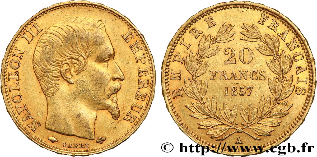 20 francs or Napoléon III, tête nue 1857 Paris F.531/12 SS50 
