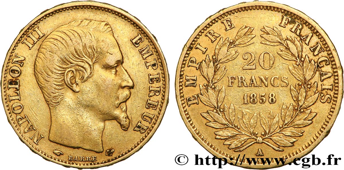 20 francs or Napoléon III, tête nue 1858 Paris F.531/13 TB+ 