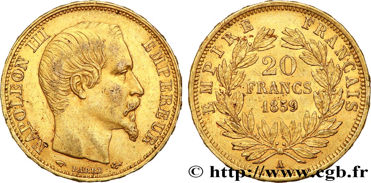 20 francs or Napoléon III, tête nue 1859 Paris F.531/15 AU50 