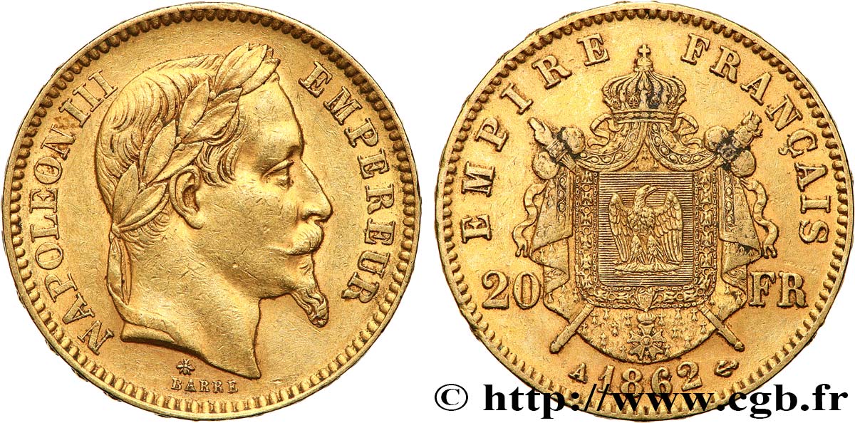 20 francs or Napoléon III, tête laurée 1862 Paris F.532/3 TTB45 