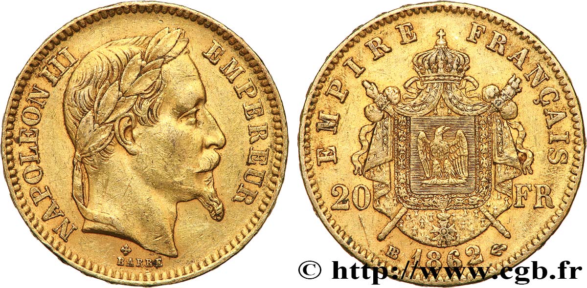 20 francs or Napoléon III, tête laurée 1862 Strasbourg F.532/5 XF 