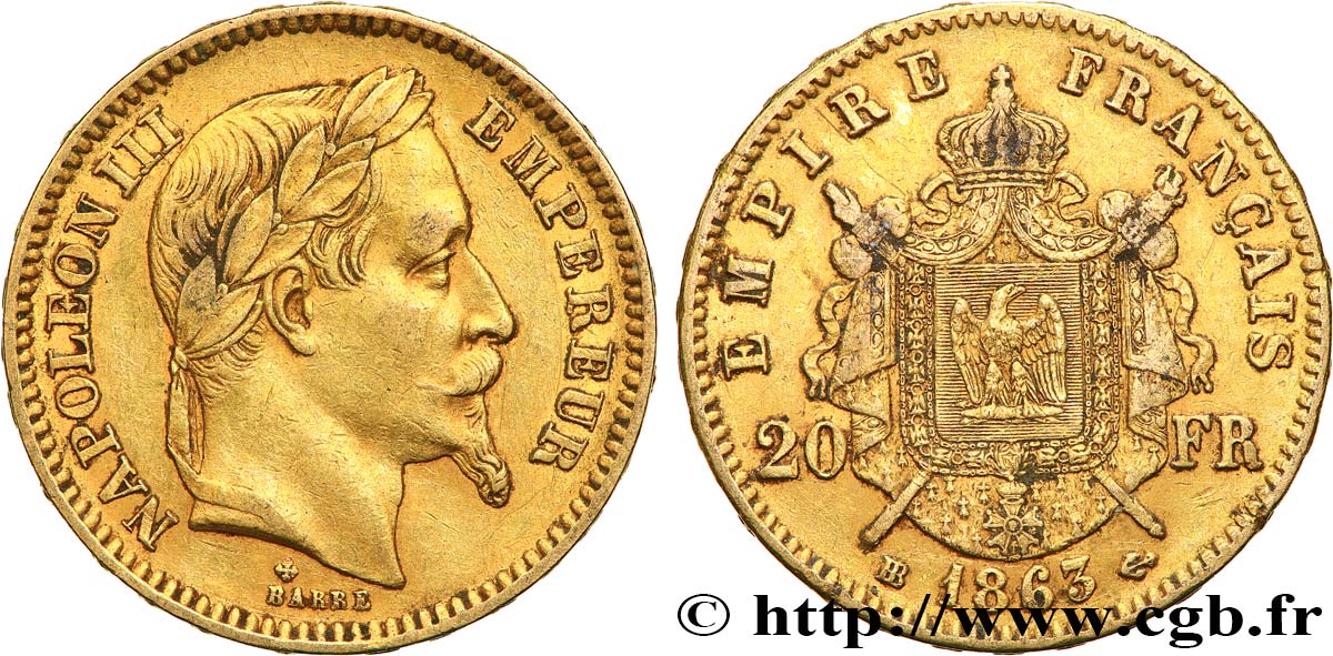 20 francs or Napoléon III, tête laurée 1863 Strasbourg F.532/7 XF45 