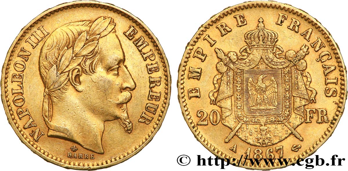 20 francs or Napoléon III, tête laurée 1867 Paris F.532/15 SS50 