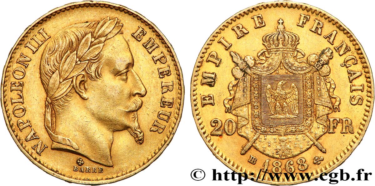 20 francs or Napoléon III, tête laurée 1868 Strasbourg F.532/19 AU50 