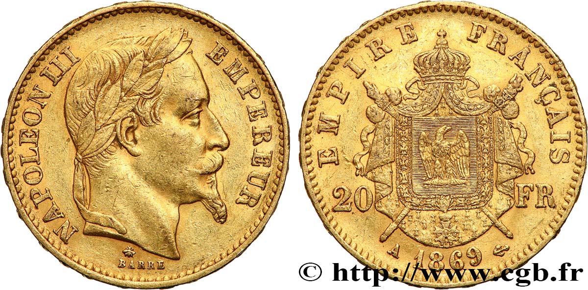 20 francs or Napoléon III, tête laurée 1869 Paris F.532/20 SS50 