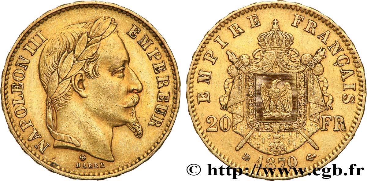 20 francs or Napoléon III, tête laurée 1870 Strasbourg F.532/24 AU50 