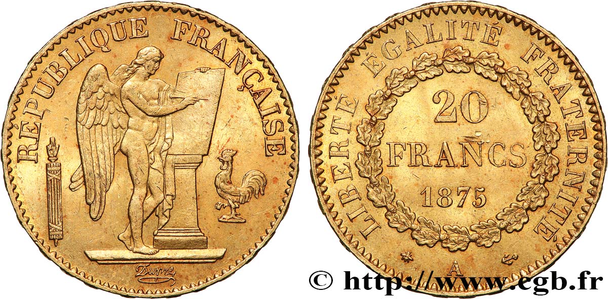 20 francs or Génie, Troisième République 1875 Paris F.533/3 AU55 