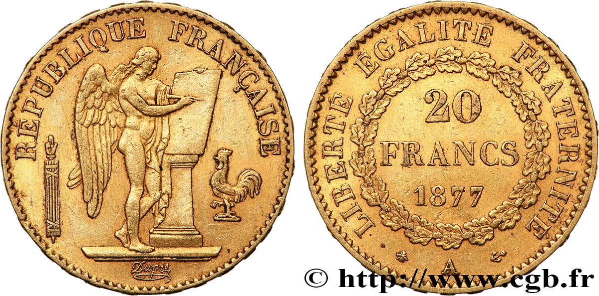 20 francs or Génie, Troisième République 1877 Paris F.533/5 AU50 