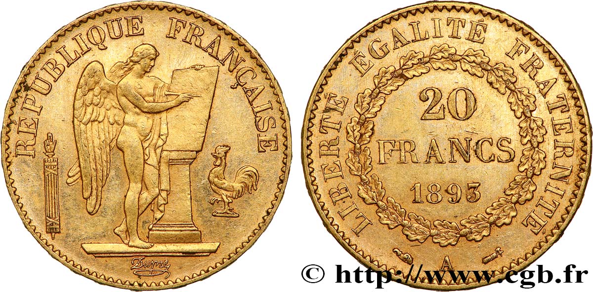 20 francs or Génie, Troisième République 1893 Paris F.533/17 SUP55 