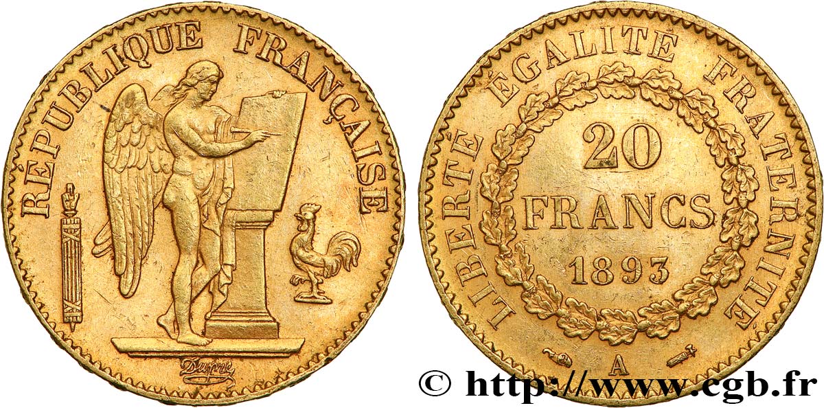 20 francs or Génie, Troisième République 1893 Paris F.533/17 SUP55 